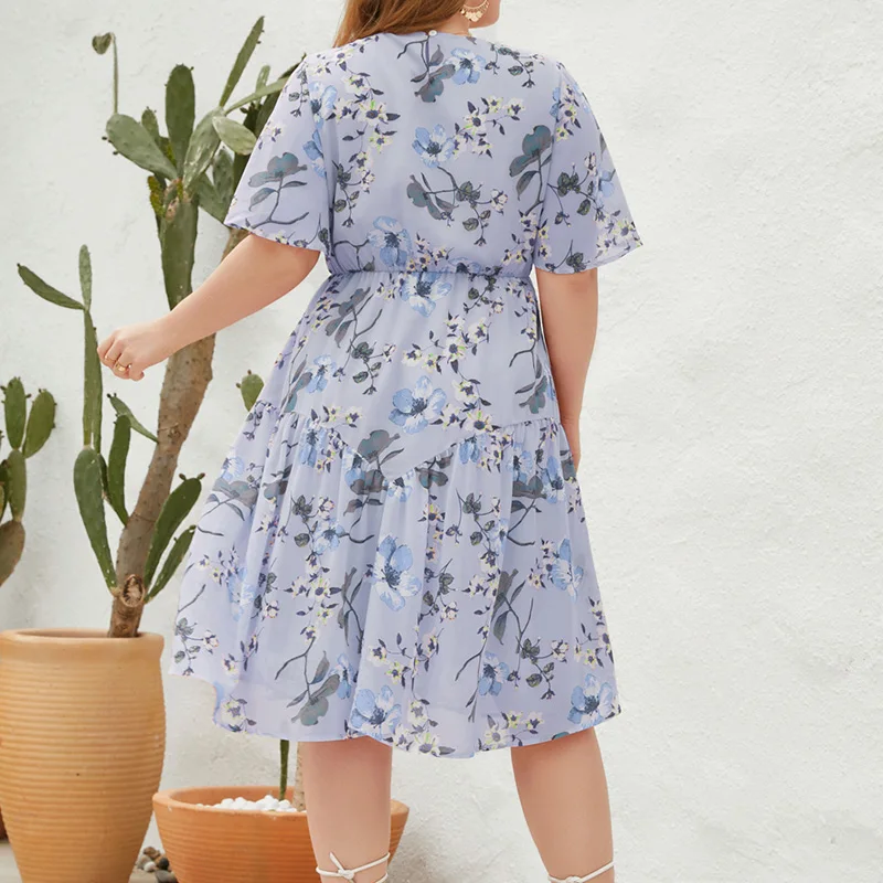 French Elegance Floral Print Flare Short Sleeve A-line Vacation O-Neck Loose High Waist Lady Summer Plus Size Casual Midi Dress