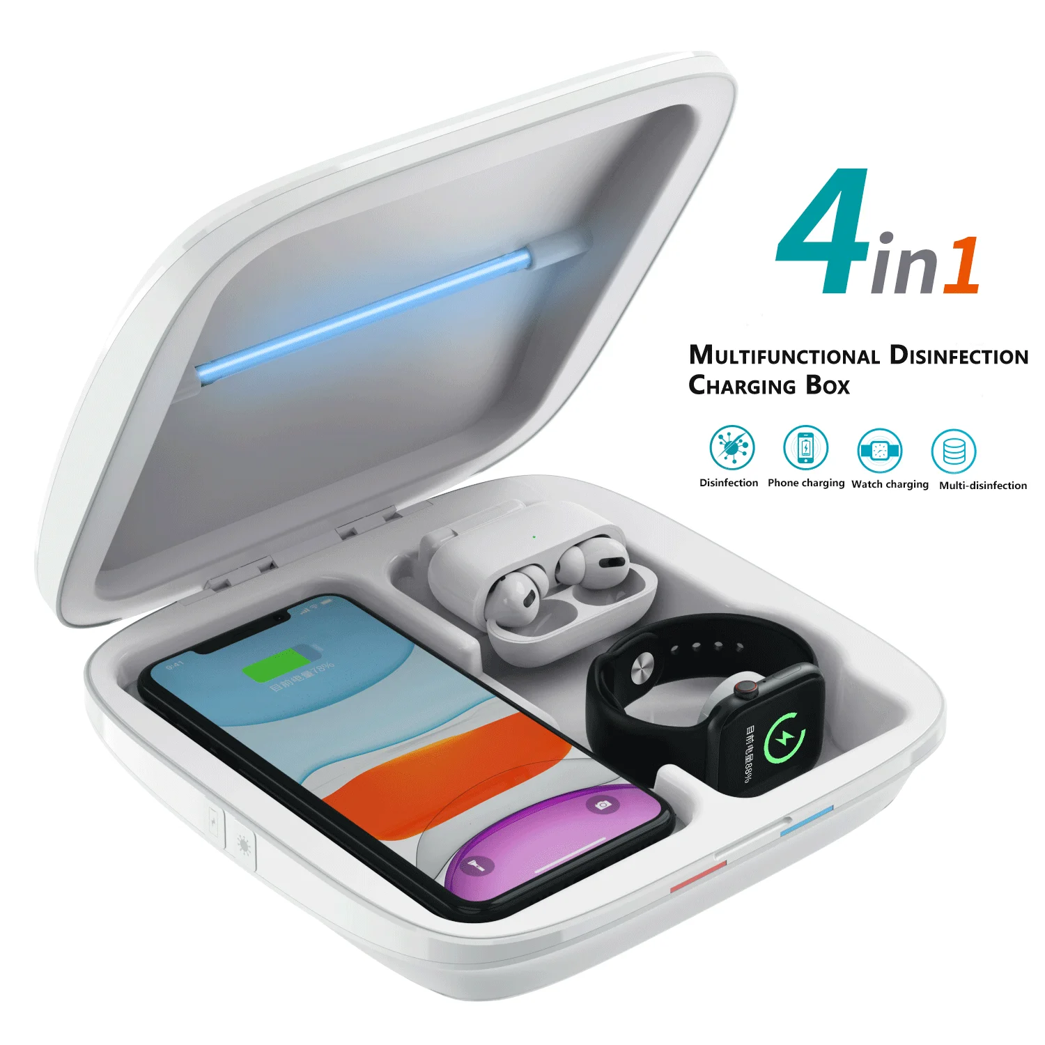 

Multi-function 4 in 1 Ultraviolet Wireless Charger Mobile Phone Wireless Charging Sterilizing Box for Phone, Watch and Earphone