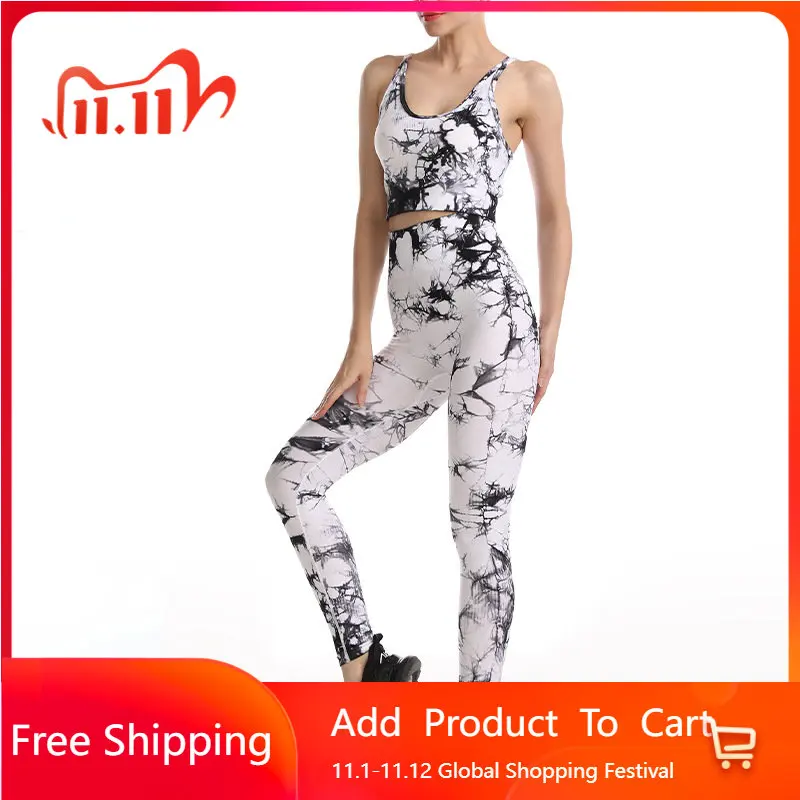 

2022New Seamless Tie Dyed Yoga Suit Set Suspender Back Sports Bra High Waist Hip Lifting Sports Tights Workout Clothes for Women