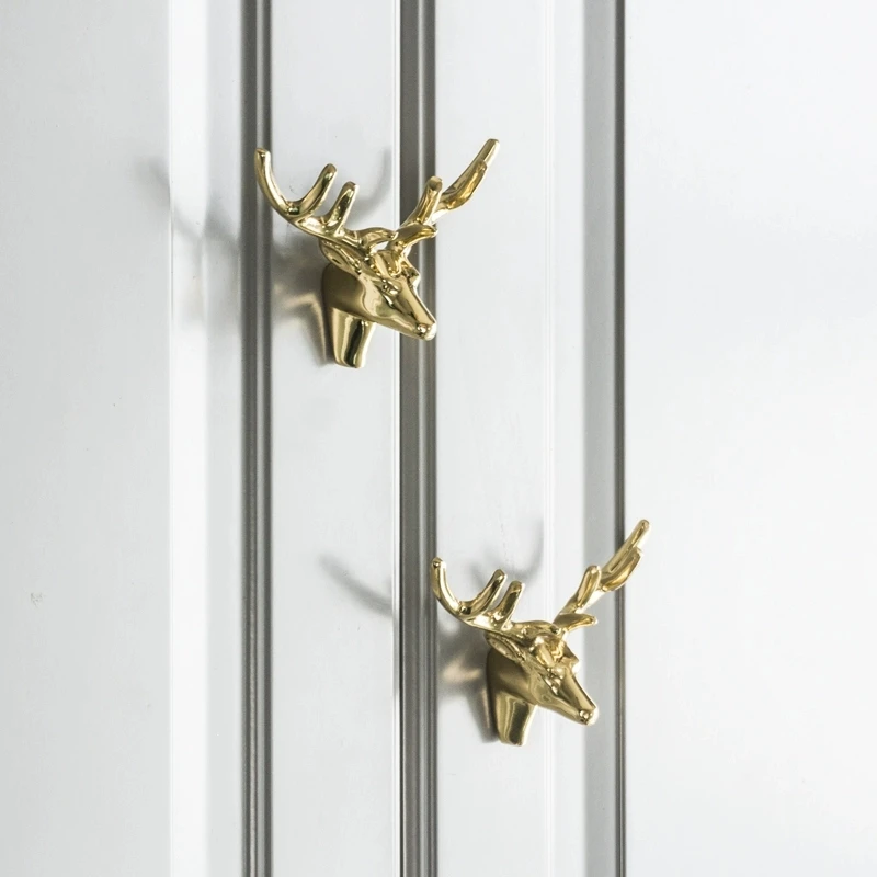 

1Pc Solid Brass Deer Head Handle American Retro Golden Drawer Cabinet Door Cupboard Shoe Dresser Doors Knob Diy Furniture Pulls