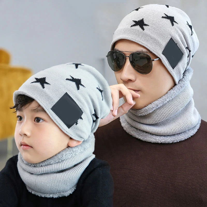 

Men's Or Boys Winter Hat And Neck Scarf Set Windproof Winter Outdoor Ski Fishing Warm Knit Soft Wool Fabric For Parent-child Set