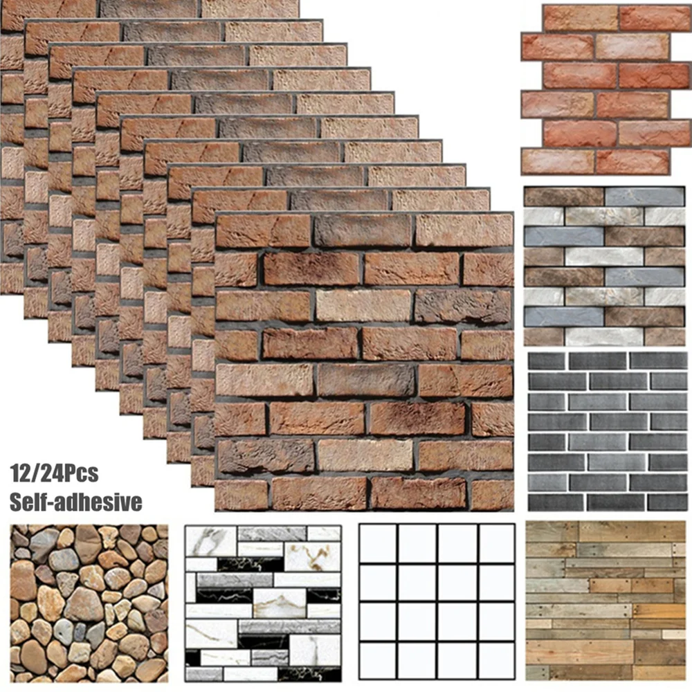

12/24Pcs 3D Wall Panel Brick Self-Adhesive Wall Stickers Waterproof Wallpaper for Kitchen Living Room Home Background Wall Decor