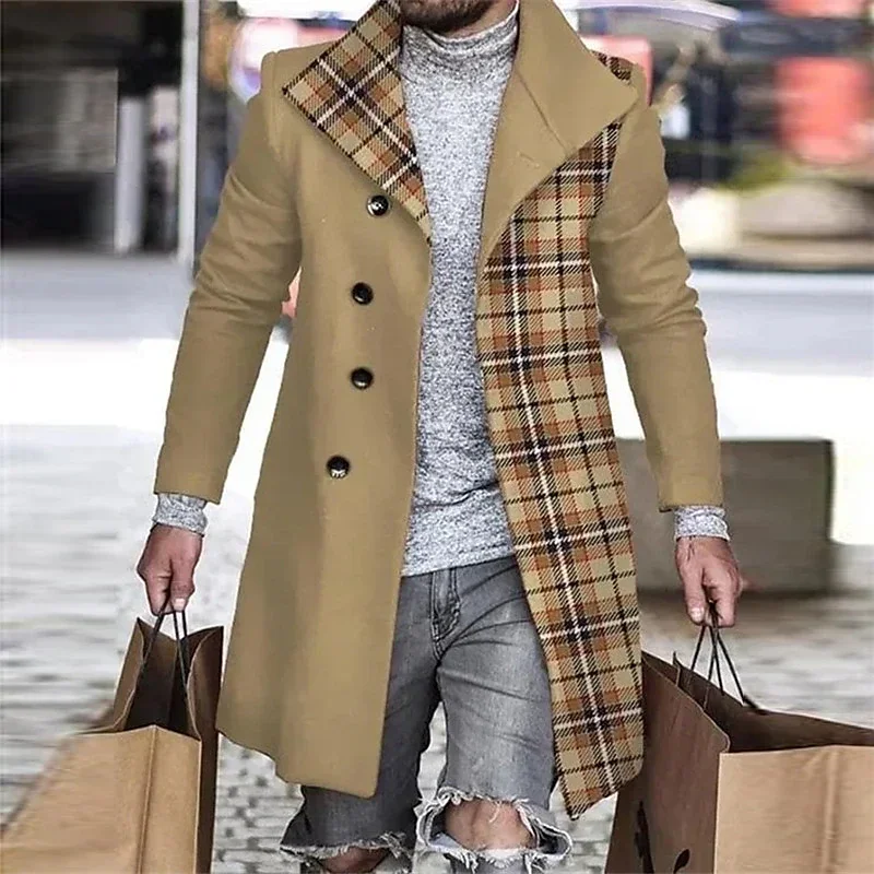 

Autumn Winter Men's Single Breasted Lapels Overcoat Plaid 3D Print Long Thicken Windbreaker Fashion Causal Coat Outerwear Men