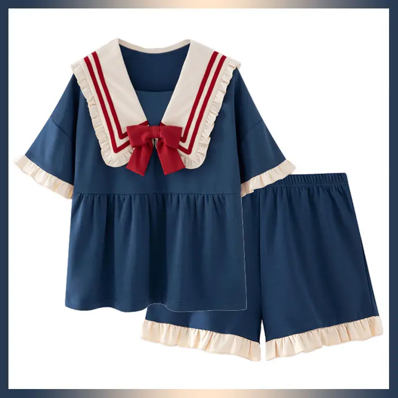 QWEEK Women's Nightgowns Kawaii Princess Style Nightdress Bow Navy Collar Sleepdress Summer Homedress Nightwear Cosplay Cute