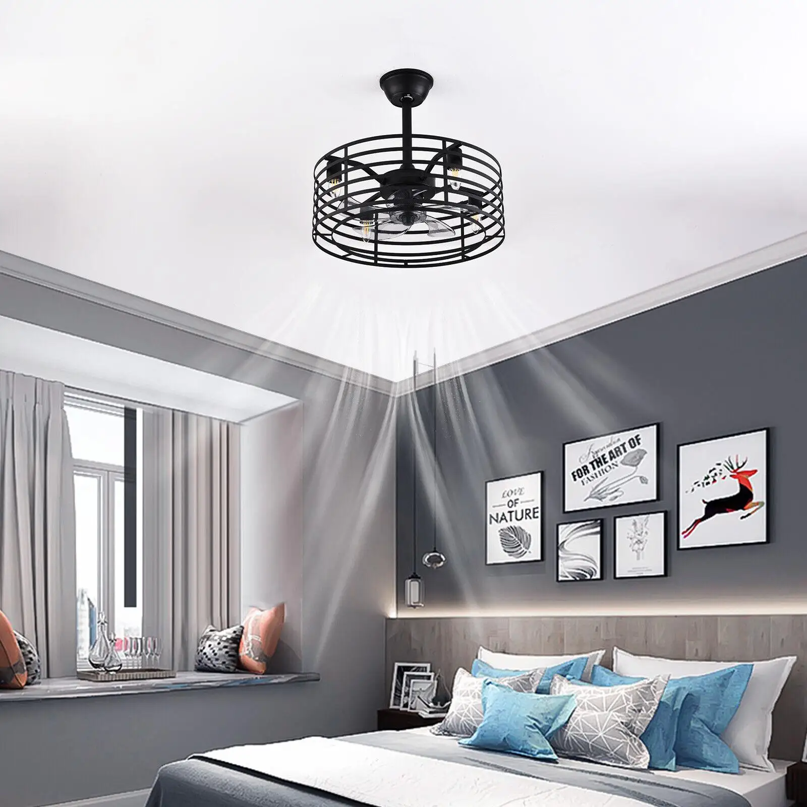 

Ceiling Fan with Lights Remote Control,20Inch Caged Industrial Ceiling Fan,Iron Ceiling Chandelier Fan Industrial Light