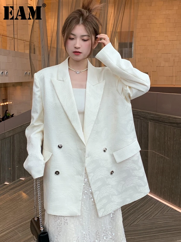 

[EAM] женский бежевый Повседневный Блейзер большого размера, новая свободная куртка с отворотом и длинным рукавом, модная демисезонная 2023 1DF8258