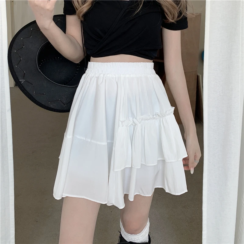 

Harajuku Lady Lining Irregular Ruffles Mini Skirts Solid Black White Female Elastic Waist Outdoor Skirt Korean Fashion Clothes