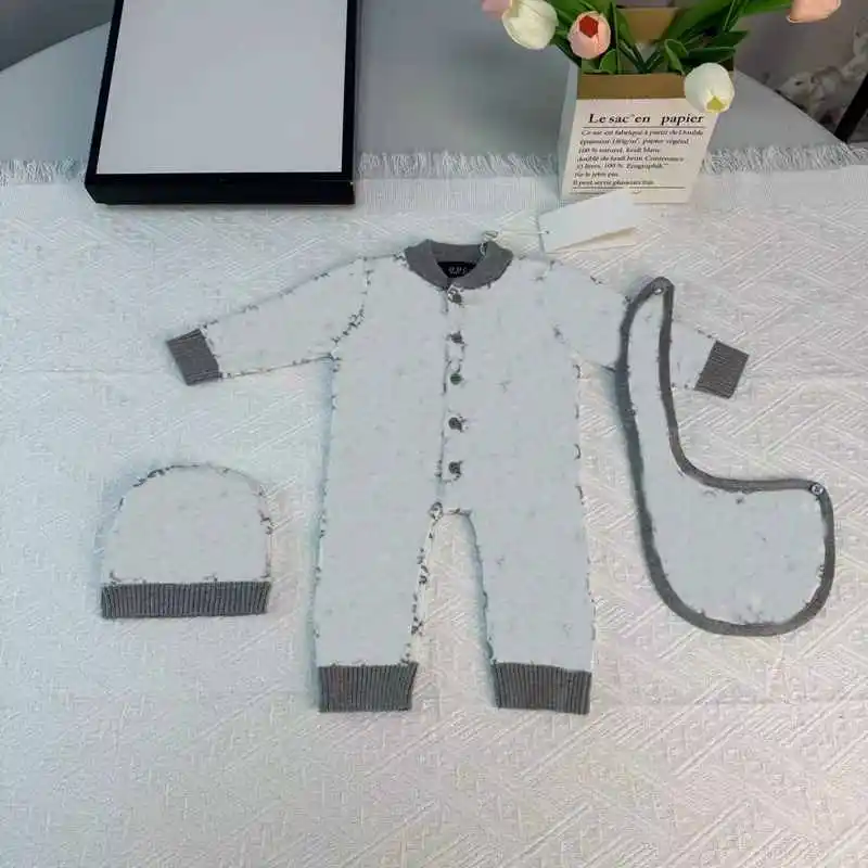 

New Born Baby Letter Clothes Long Sleeve Autumn&Spring Set Rompers+Hat Knitting Jumpsuits Grey Knitted Clothes