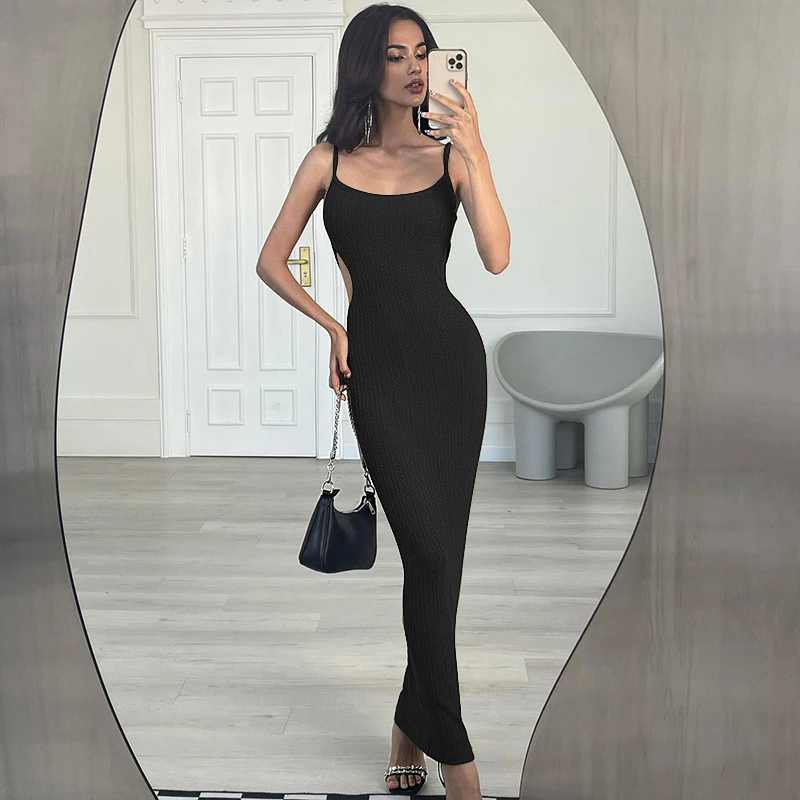 

Kayotuas Women Pencil Dress Backless Round Neck Sleeveless Hollow Out Sexy Ladies High Waist Spaghetti Strap Bodycon Clubwear