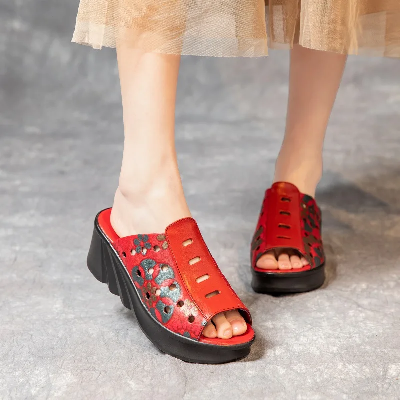 Women's Sandals Slippers Women's Clothing 2023 New Vintage National Style Genuine Leather Fishmouth Slippers Women's Clothing