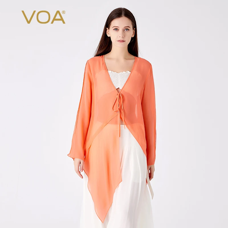 

(Fans Exclusive Discount) VOA Silk Georgette V-neck Long Sleeve Lace Up Loose Pointed Hem Simple Straight Thin Coat Women WE251