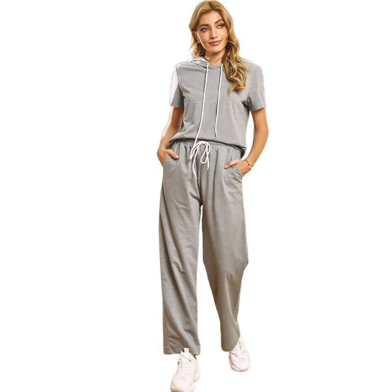 

Women 2Pcs Solid Outfits Short Sleeve Hoodies Top Drawstring Loose Sweatpants