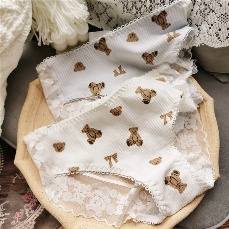 

Кружевное женское нижнее белье Cute Bear с мультяшным рисунком, сетчатые дышащие трусики с бантом, каваи, сексуальные брифы, нижнее белье