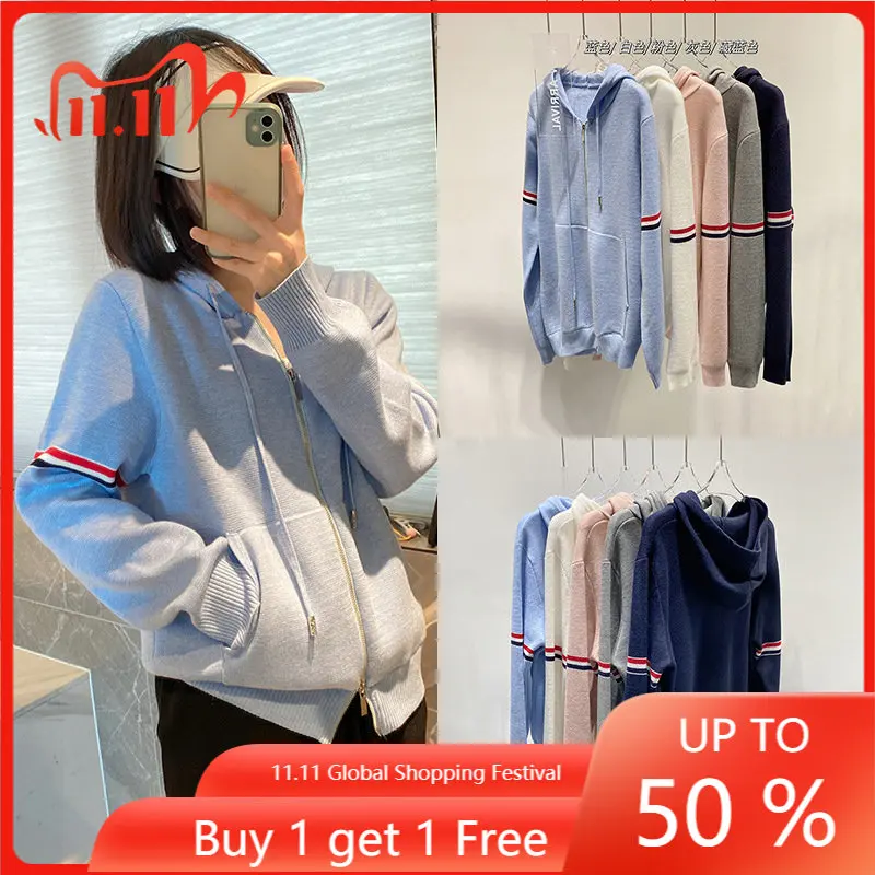 

TB Parallel Bar Contrast Zipper Wool Cardigan Sweatshirt Autumn and Winter New Hooded Zipper Loose Knit Sweater Jacket Women