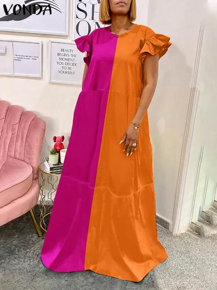 

2022 Women VONDA Evening Party Dress Bohemian Patchwork Pleated Dress Fashion Summer Holiday Ruffled Sundress Femme Robe Baggy