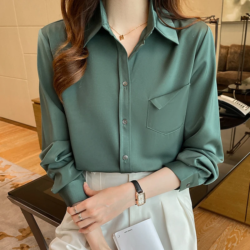 

2022 spring new salt green satin shirt women's lapel long sleeves women tops button up shirt korean fashion