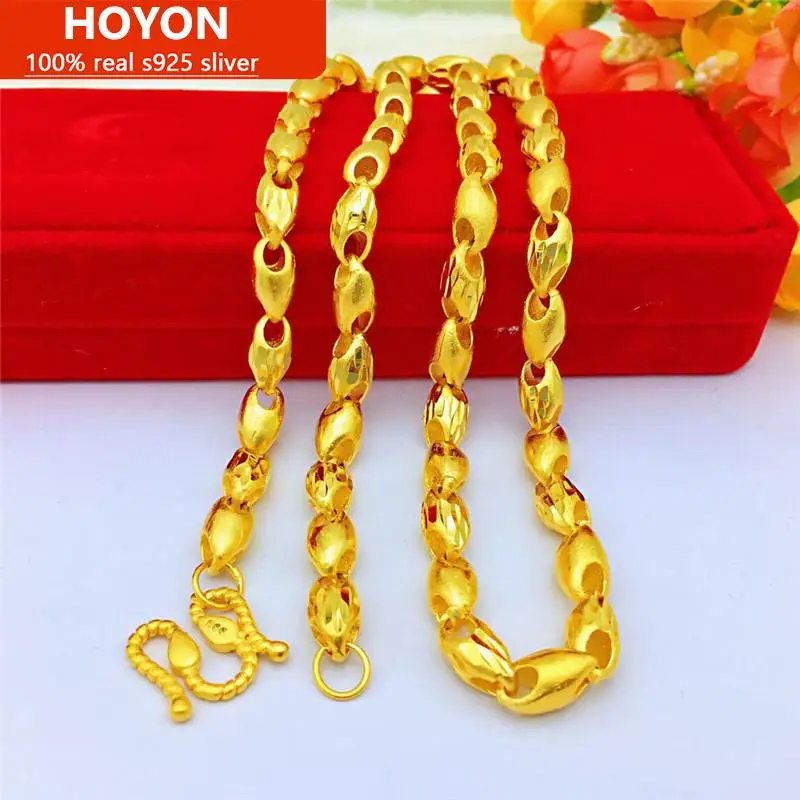 HOYON 24K Pure Gold Color Men's Necklace Retro Sandblasted Gold 7mm Wheat Necklaces Beads Strand Chain Neck Collares Jewelry