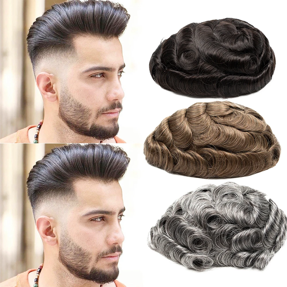 

Isheeny 8"x10" Men Toupee Replacement System 100% Human Hair Piece Full PU Base Top Wig Short Remy Hair With Lace Hair Natural