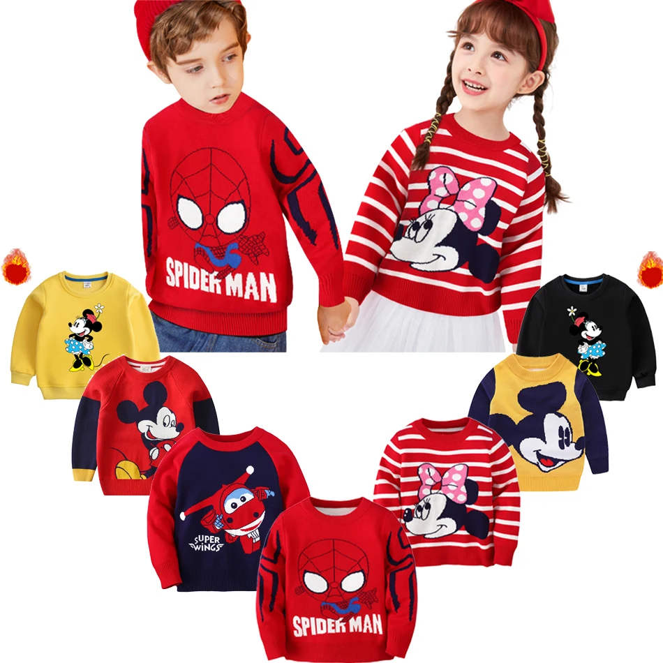 Spiderman Mickey Children's Clothing Sweater Autumn Winter Trendy Long Style Bottoming Shirt Plus Velvet Thickening Kids Clothes
