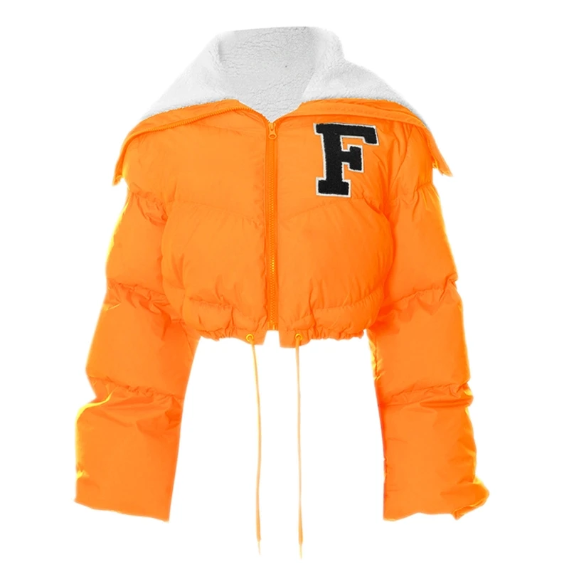 

Women Winter Letter Embroidery Long Sleeve Puffer for Jacket Zip Up Fur Lapel Cropped Quilted Coat Drawstring Outerwear