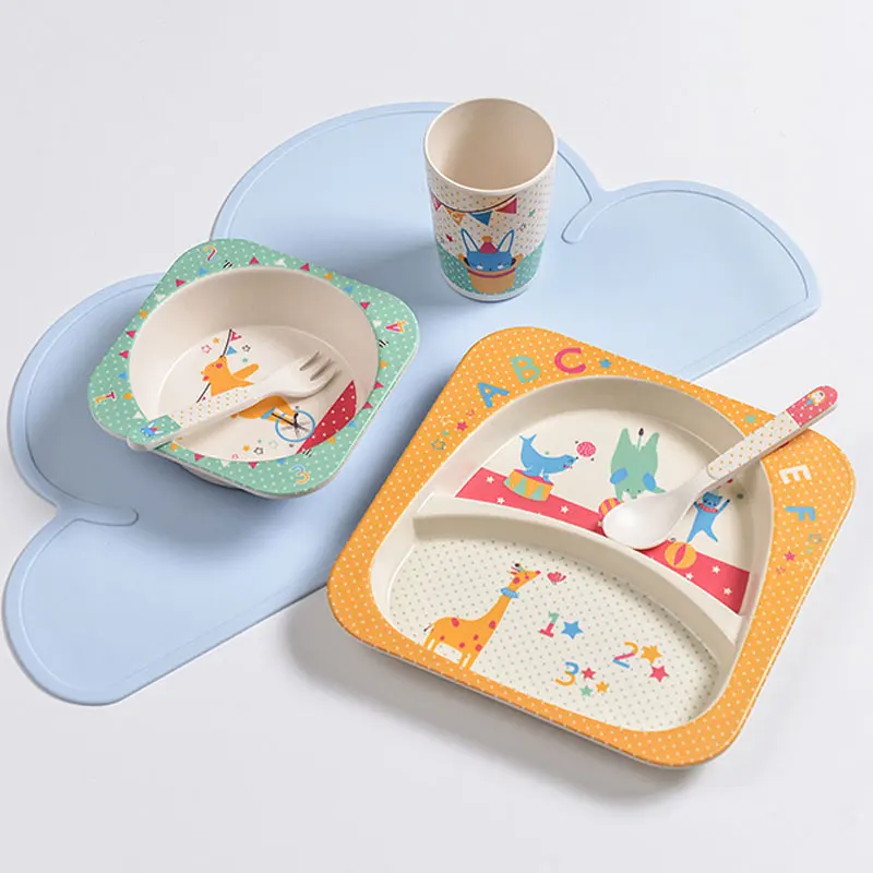 

Lunch Box Bamboo Fiber Children's Tableware Set Creative Cartoon Bowl Split Dining Plate Spoon Fork Cup Five Piece Set Tableware