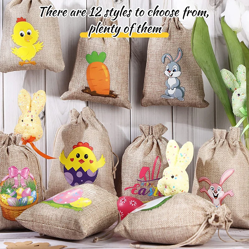 

12 styles burlap Bunny rabbit candy treat gift bags kid boy girl Egg Hunt Basket rustic country happy Easter party decoration