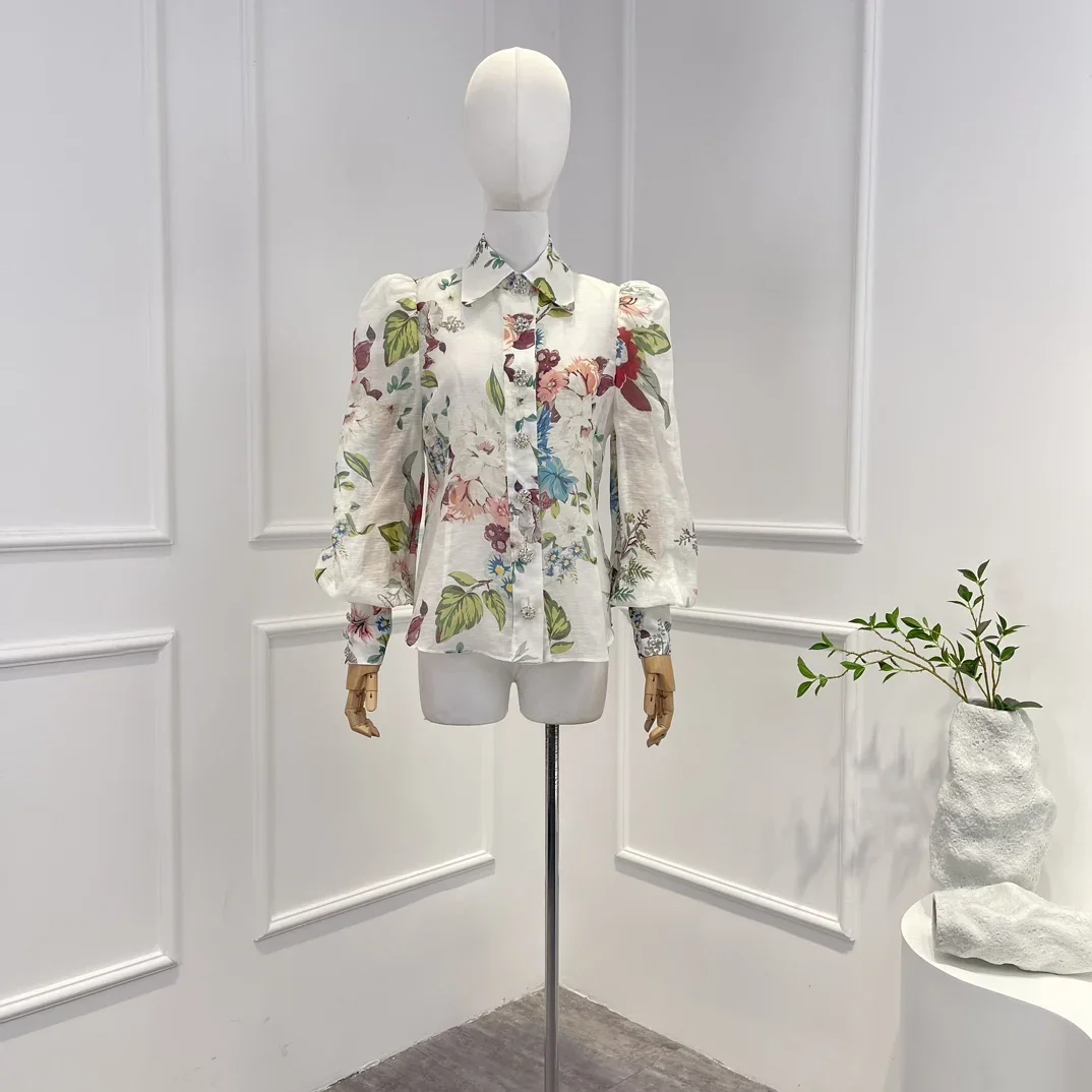 

Женская Повседневная блузка из шелка и льна, винтажная блузка на пуговицах с цветочным принтом и длинными рукавами-фонариками, 2023