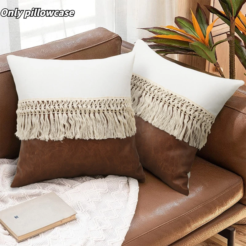 

Nordic Simple Tassel Cushion Cover Bohemian Style Square PU Patchwork Sofa Throw Pillowcase Living Room Home Decoration 45x45cm