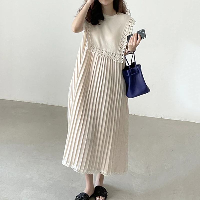 

Korean Women Loose Dresses Round Neck Lace Stitching Pleated Dresses Women Short-sleeved Loose Long Dress Women