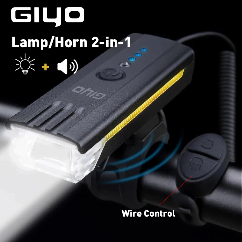 

GIYO Bicycle Light Front 120DB Horn 2 in 1 WIth Wire Control LED 450Lm Headlight USB Rechargeable Rainproof Bike Lamp Flashlight