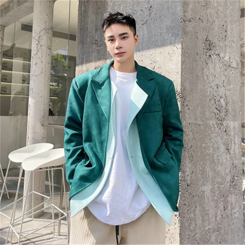 Vintage Men Blazer Coat Removable Fake 2 Pieces Suede Suits Jacket Single Button Casual Outwear Male Korean Style Clothes Fall