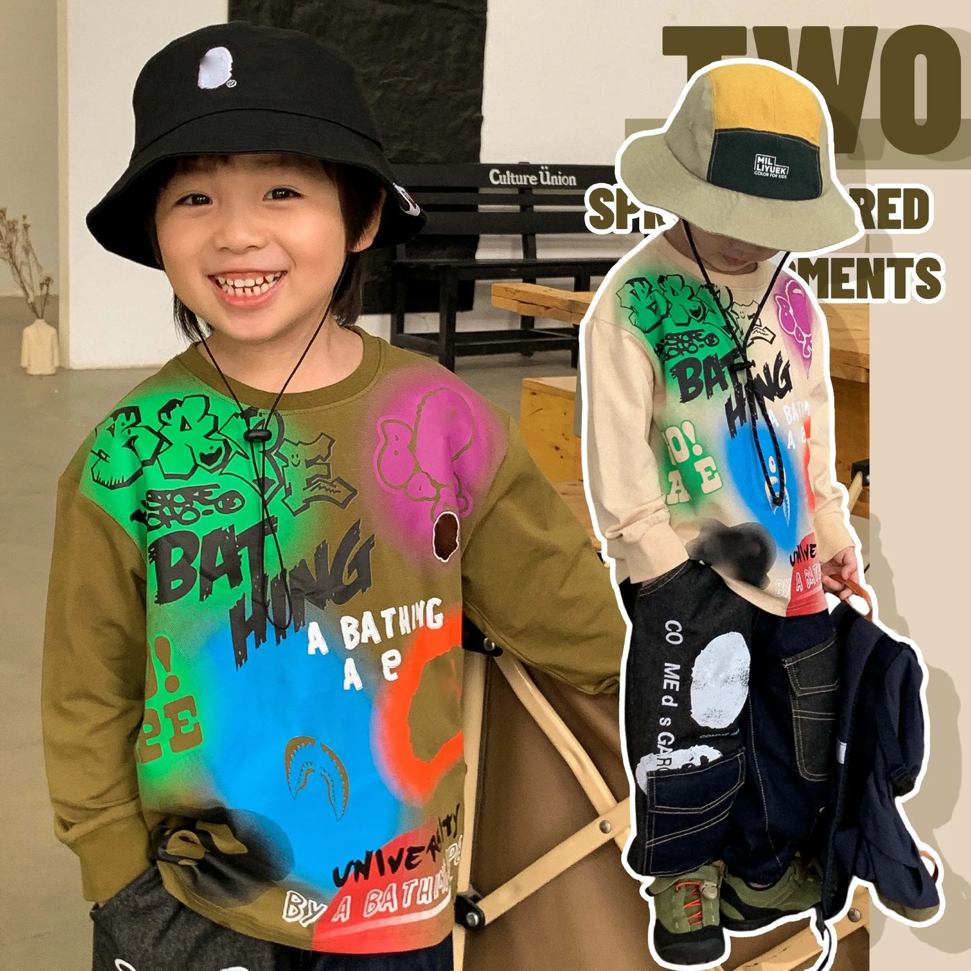 

Новинка осени 2023, японская модная брендовая детская одежда, топ для мальчиков и детей, футболка с длинными рукавами и круглым вырезом и принтом граффити