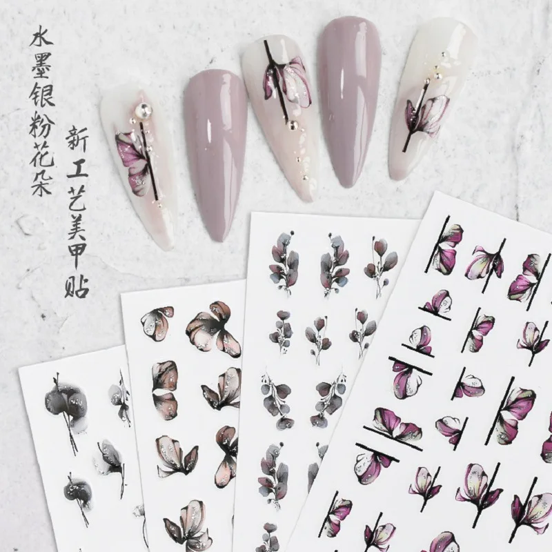 

10PCS Nail Stickers Flowers Leaves Self-Adhesive Slider Nail Art Decorations Geometry Ink Painting Decals Manicure Accessories