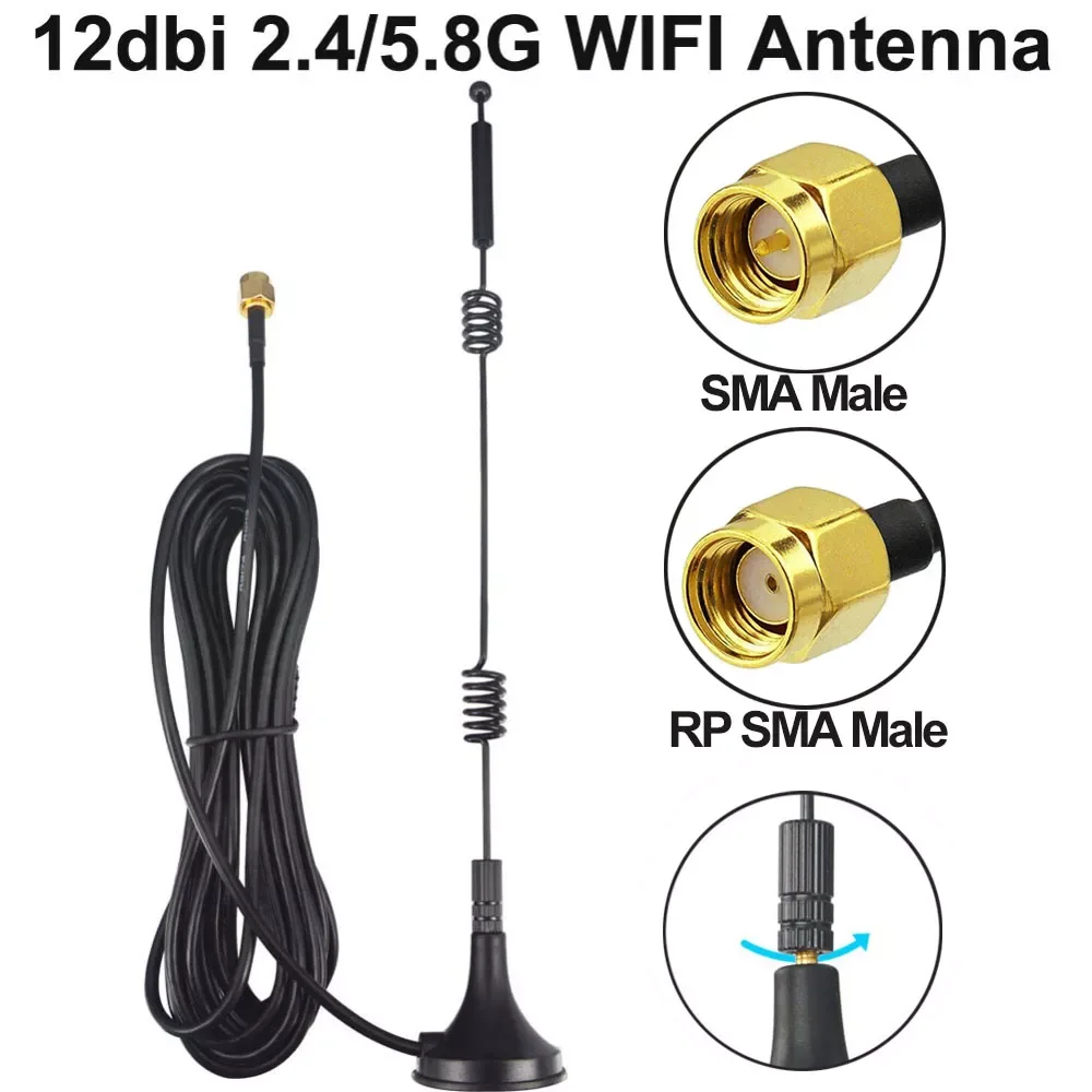 

Двухдиапазонная Wi-Fi антенна 12 дБи, 2,4/5,8 ГГц, SMA Male/RP SMA Male с магнитным основанием для маршрутизатора, камеры, усилителя сигнала