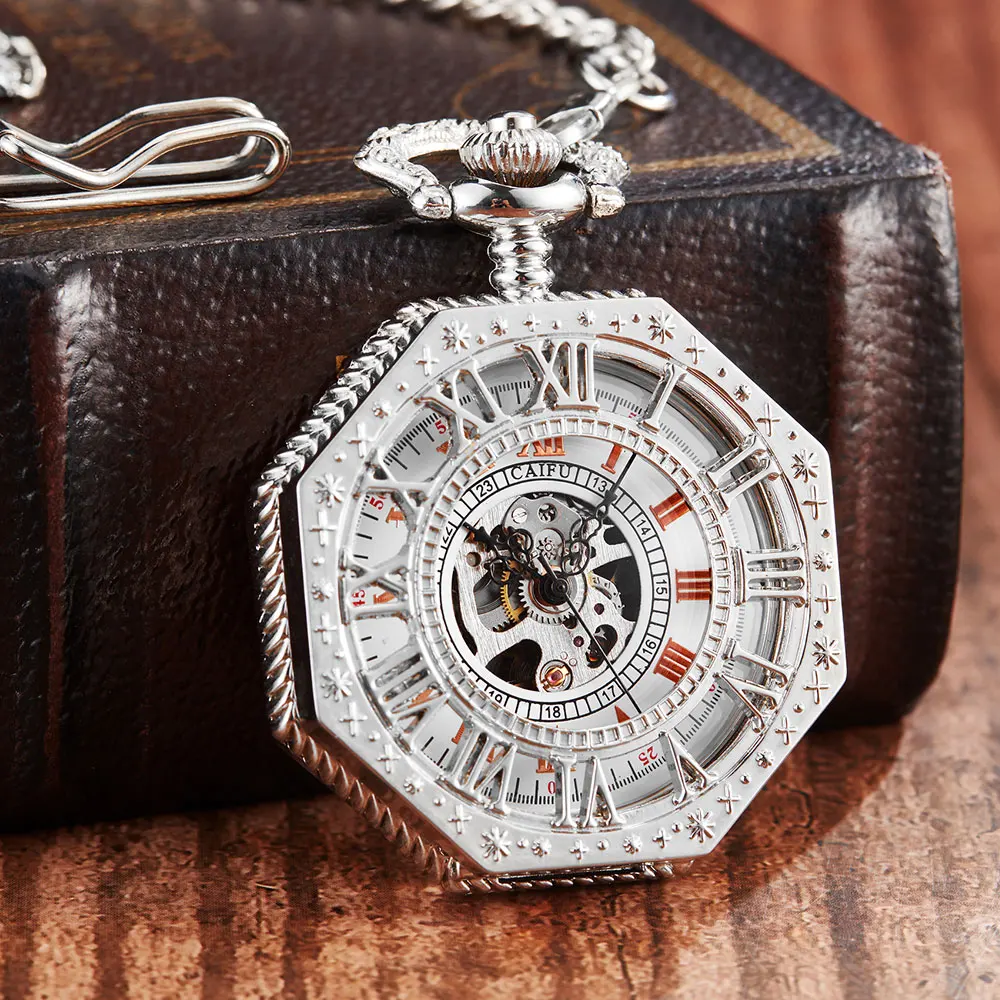 Vintage Sliver Mechanical Pocket Watch For Man Women Clock Unique Octagon Hollow Skeleton Gear Dial FOB Chain Steampunk Watches