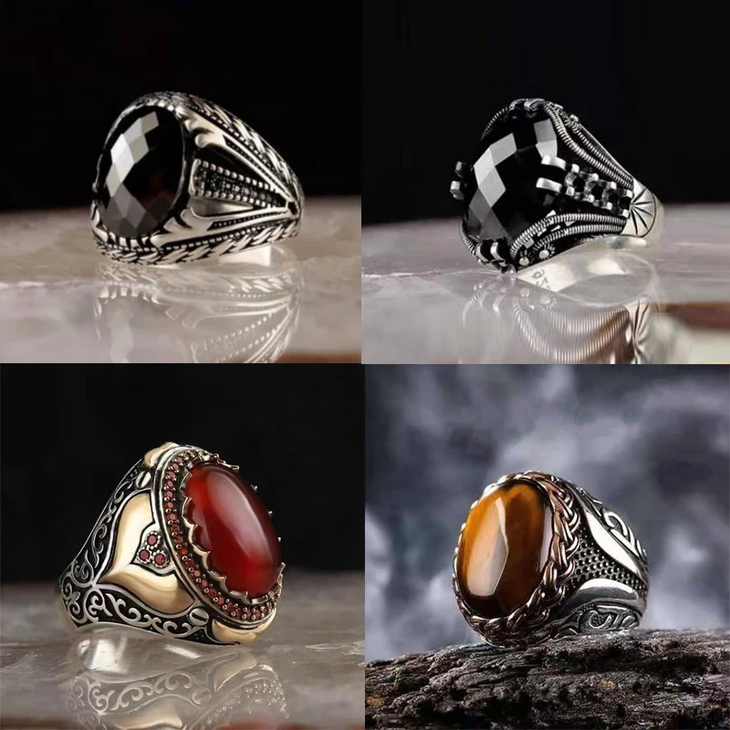 

Retro Oval Stone Crystal Men's Ring For Luxury Party Wdiing Jewelry Male Pattern Rings Accessories Size 6-13