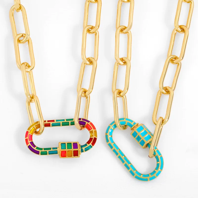

Hip Hop Unisex Colorful Oval Pendant Necklace Ins Fashion Gold Color Thicken Cuban Chain Necklaces Women Jewelry