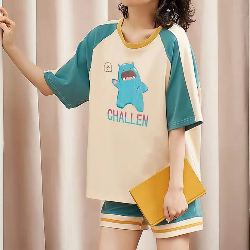 

Женские пижамные комплекты из 2 предметов, летняя тонкая Пижама с коротким рукавом и мультяшным принтом, женская пижама для отдыха, домашняя...