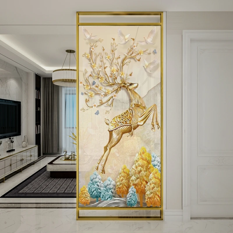 

Stainless steel screen partition of light luxury living room, which can move elk art screen