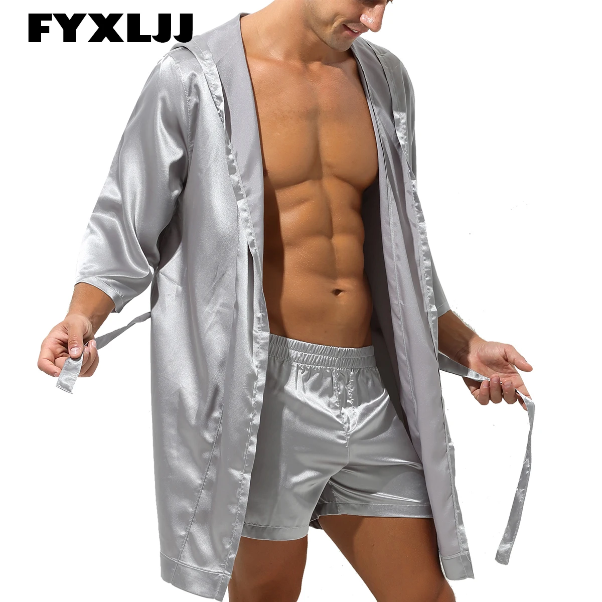 FYXLJJ-Pijama Sexy para Hombre, ropa de dormir, albornoz, Kimono de seda, conjunto de albornoz con capucha, vestido de verano con pantalones cortos