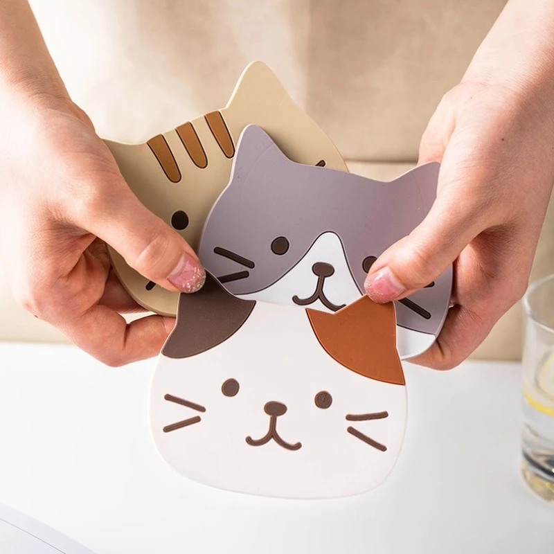 

New Cartoon Cat Shaped Tea Cup Holder Coffee Mat Silicone Non-Slip Hot Drink Coaster Insulated Pad Kitchen Holder Accessories
