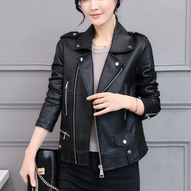PU leather jacket women's short fitting leather jacket women's motorcycle jacket small jacket