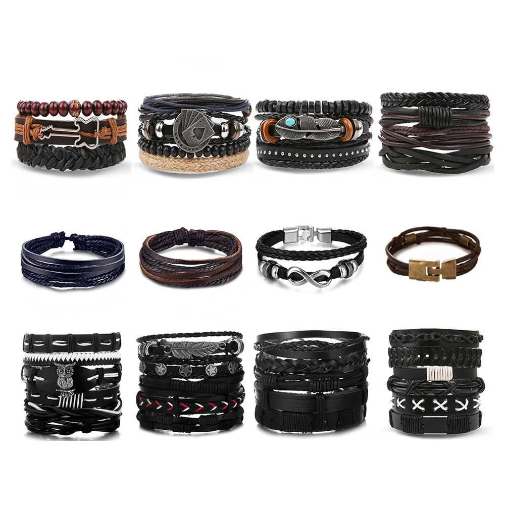 

Latest Style 3/4Pcs/ Set Braided Wrap Leather Bracelet for Men Vintage Life Tree Guitar Wood Beads Fashion Bracelets Wristband