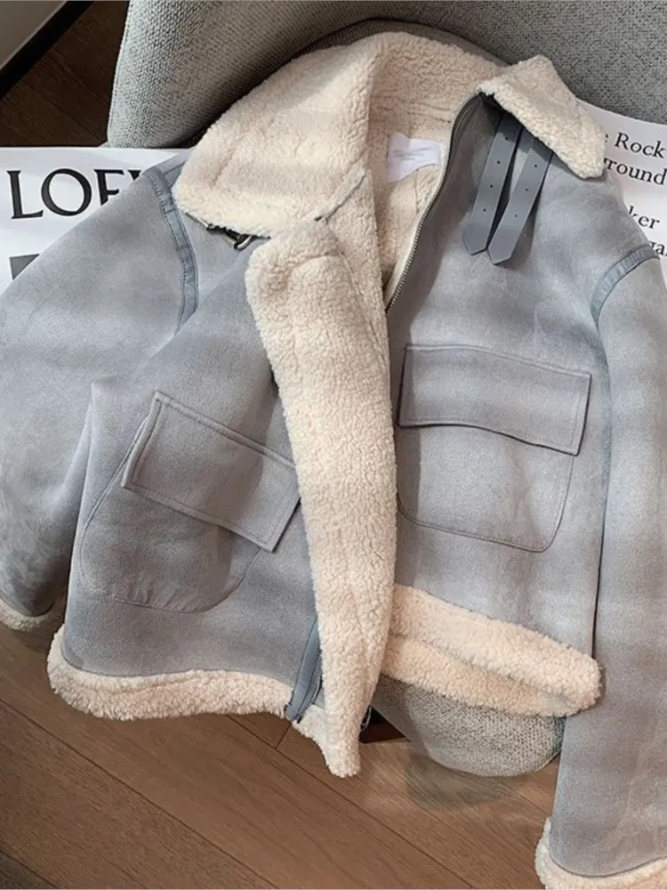 

Женское меховое пальто из искусственной кожи в стиле ретро, кожаная теплая куртка, женская модная верхняя одежда на молнии с длинным рукаво...