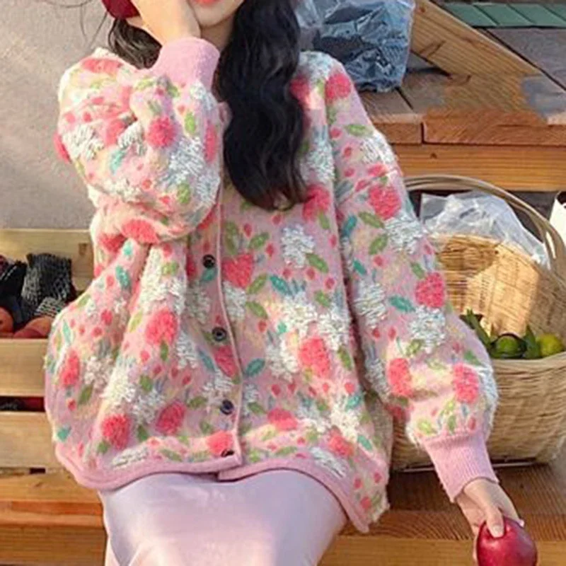 Новый японский и корейский Ретро ленивый стиль розовый свитер с цветами для