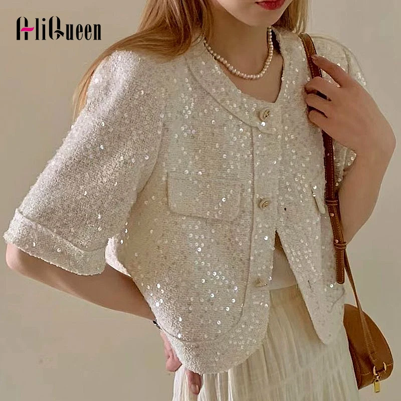 

High Quality Summer Tweed Paillette Short Sleeve O Neck Jacket Korean Fashion Women Pink Sequins Short Coat Crop Tops Outerwear