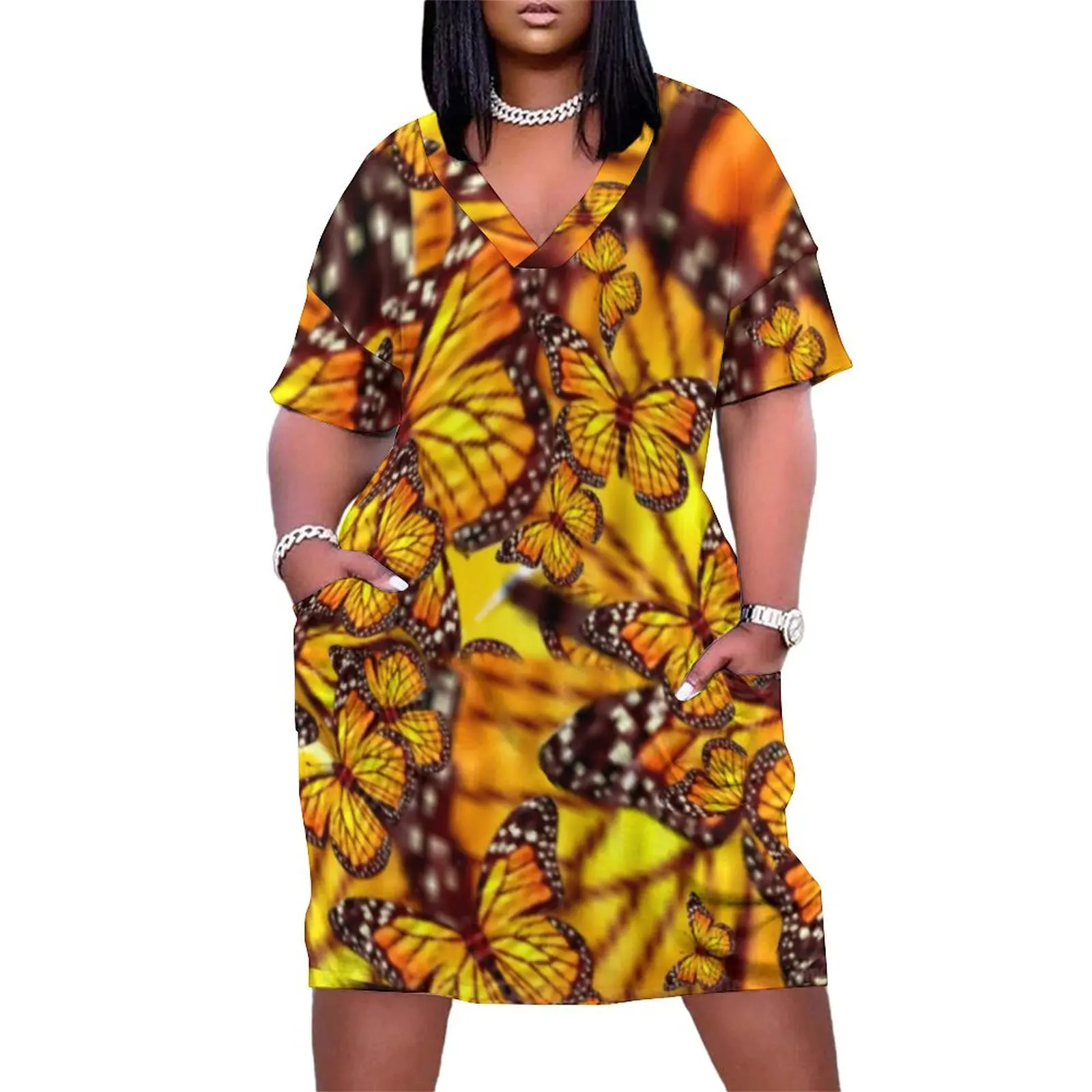 Yellow Butterfly Dress Plus Size Abstract Animal Print Streetwear Casual Dress Women Summer V Neck Vintage Dresses Birthday Gift