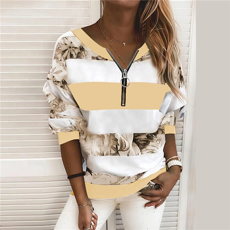 

Blouse Women 2022 Striped Floral Print V-neck Stitching Zip Long Sleeve Blouse Pullover Sweatshirt High Quality T Shirts Fashion