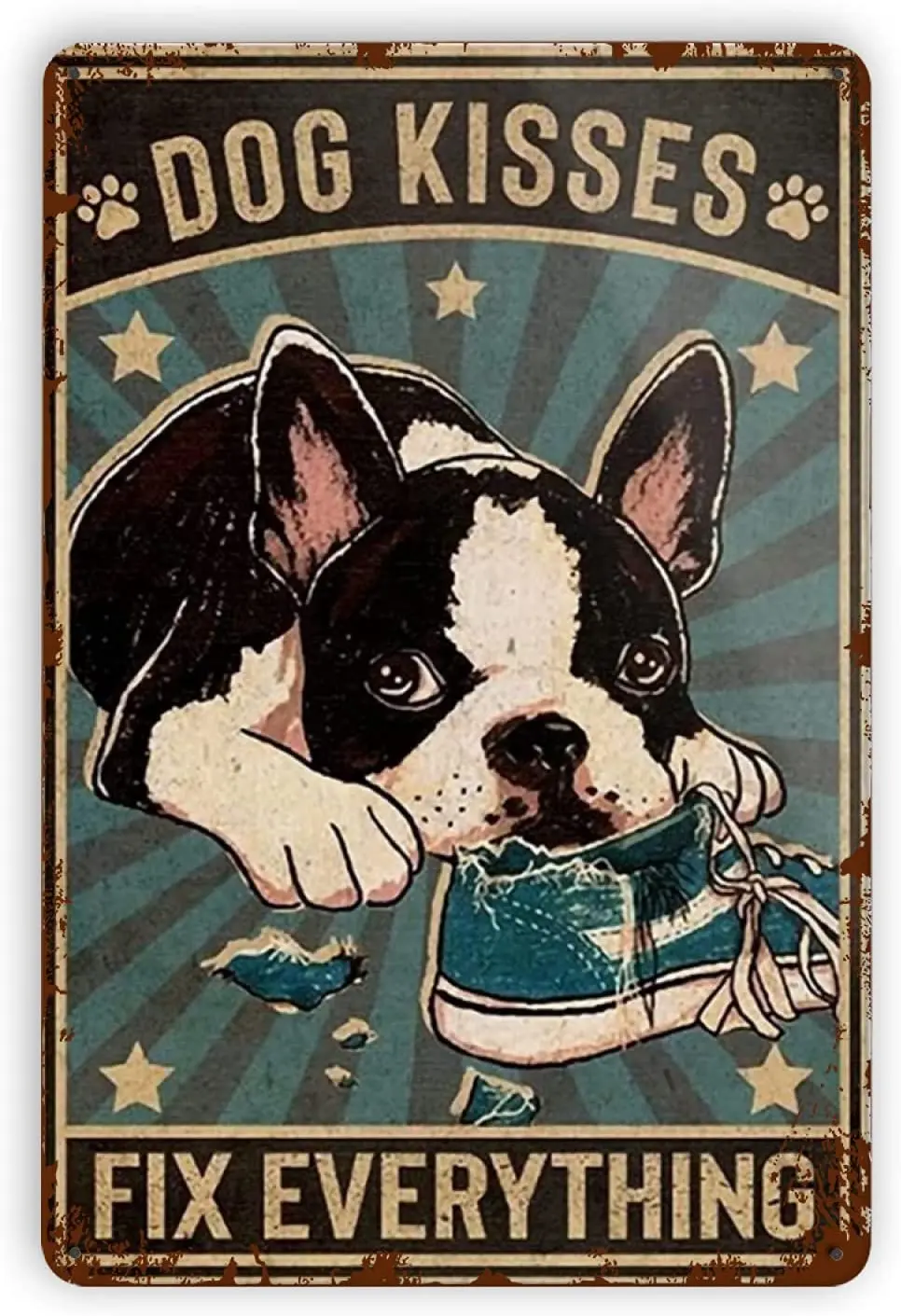 

Metal Tin Label Dog Kiss Fix Everything Interesting Wall Decoration Suitable for Family Bar Cafe Room Retro Art Poster