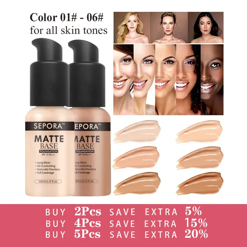 

SEPORA 6 Colors Matte Liquid Foundation Full Coverage Cream Natural Concealer Oil Control Base Make Up Maquillaje Cosmetics 30ml